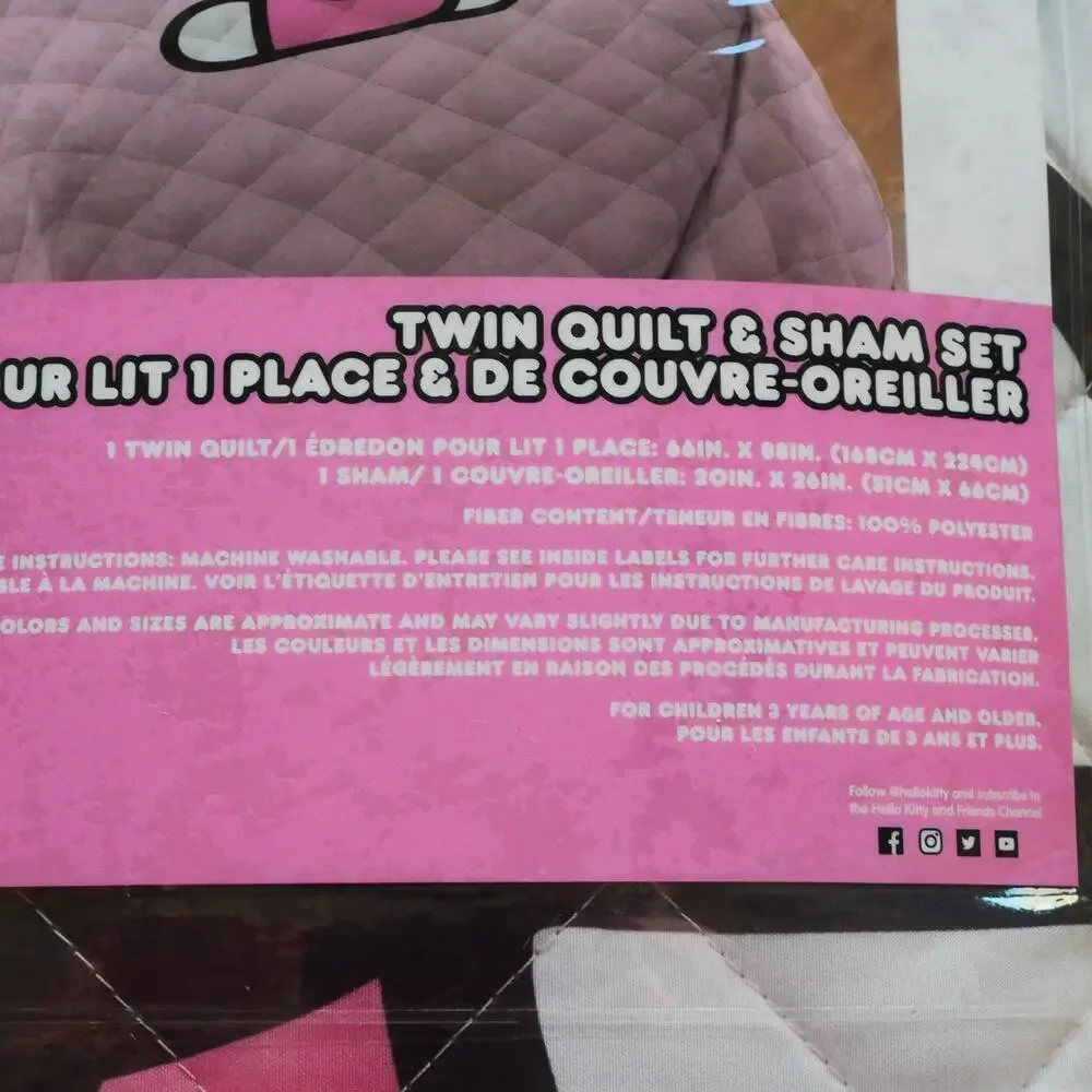 NEW Jay Franco Hello Kitty Pink Stripes & Hearts Twin Size Quilt & Sham Set - Picture 3 of 9